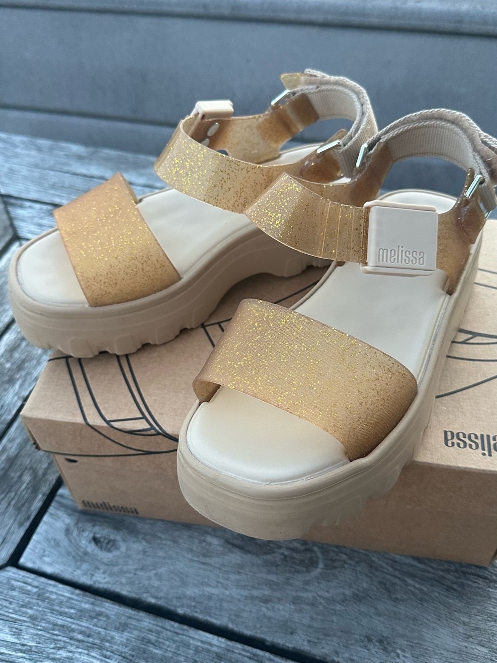 Melissa Gold Glitter Platform Sandals with Beige Soles